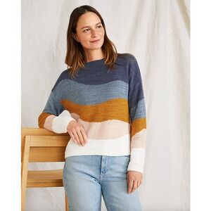 Garnet Hill Cropped Wave Crewneck Sweater - Navy, Mustard, Blue, Pink, White